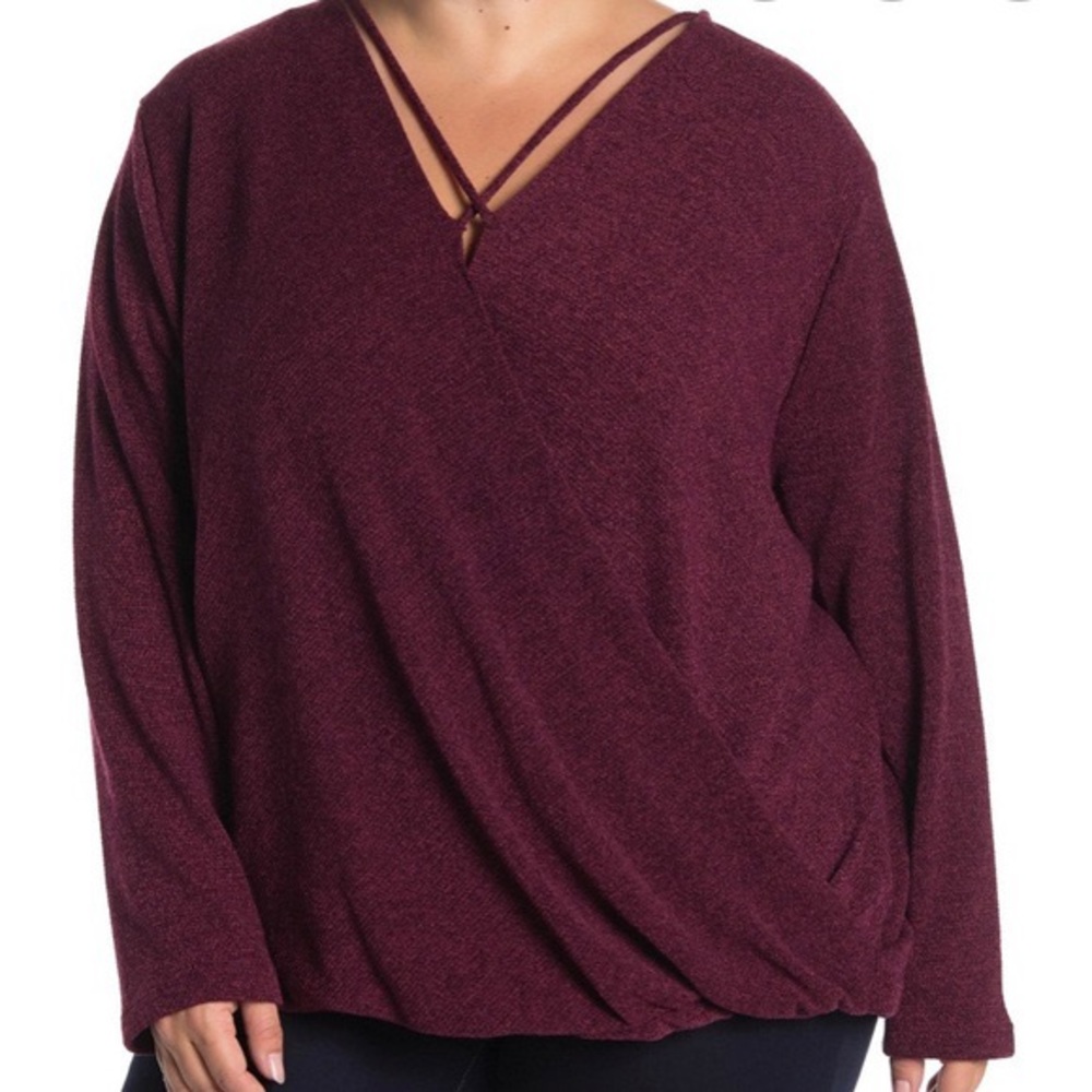 Pleione Strap Front Surplice Knit Sweater Top Maroon Burgundy Plus Size 3X